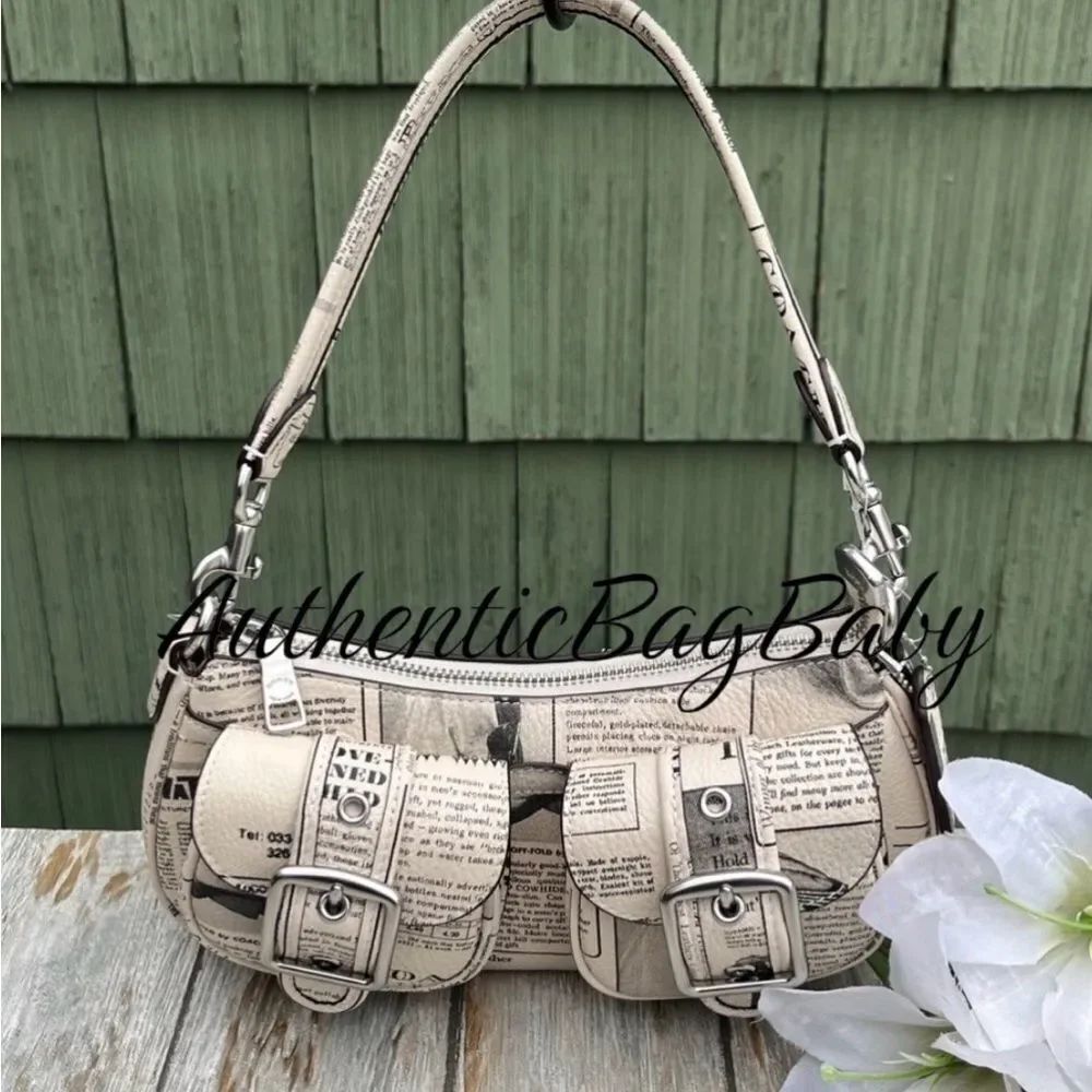 Coach Ashton Pebbled Leather Shoulder Bag With Newspaper Print Purse